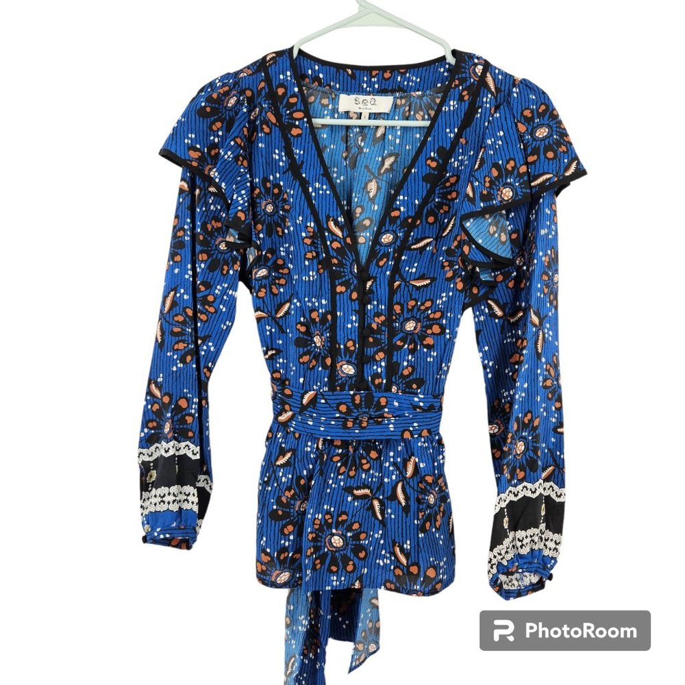 Sea New York Blouse Blue Black Floral Silk Ruffles Tie-Waist Long Sleeve Size 2